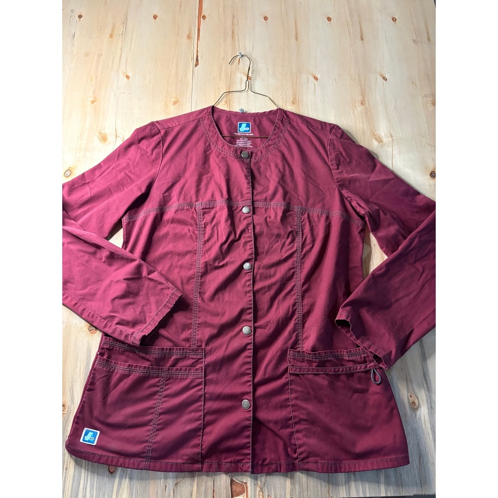 Adar Women Burgundy Snap Front Scrub Jacket Long Sleeve Medical Uniform Small